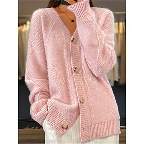 Women's Cardigan Sweater V Neck Ribbed Knit Acrylic Button Fall Winter Regular Daily Going out Weekend Stylish Casual Soft Long Sleeve Solid Color Pink Red Cam