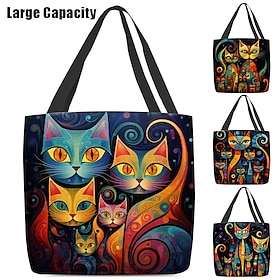 Women's Colorful Cat Print Tote Bag, Artistic Design with Large Capacity, Perfect for Daily Use or Shopping