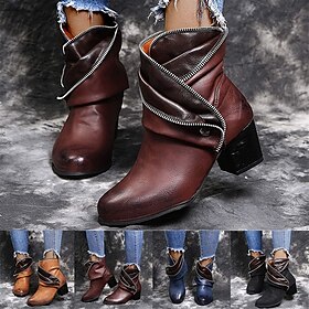Women's Boots Motorcycle Boots Plus Size Work Boots Outdoor Daily Solid Color Booties Ankle Boots Winter Zipper Block Heel Round Toe Vintage Classic Casual PU