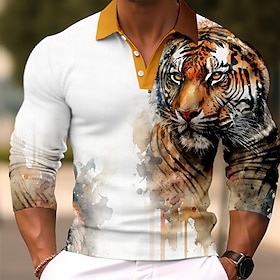 Animal Tiger Men's Casual Print 3D Polo Shirt Golf Polo Outdoor Casual Daily Streetwear Polyester Long Sleeve Lapel Polo Shirts Red Blue Fa
