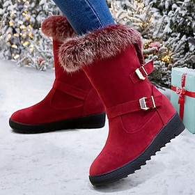 Women's Boots Xmas Shoes Snow Boots Plus Size Party Outdoor Christmas Solid Color Fleece Lined Mid Calf Boots Winter Platform Wedge Heel Hidden Heel Round Toe