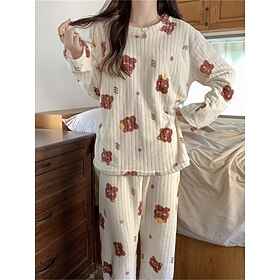 Women's Fleece Pajamas Sets Fluffy Fuzzy Warm Pajama Fruit Bear Plush Casual Comfort Home Daily Bed Coral Fleece Coral Velvet Warm Crew Neck Long Sleeve Pant F