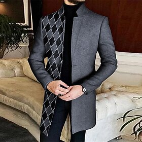 Mens Graphic Jacket Diamond Modern 3D Shirt For Business  Grey Winter Wool Plaid Argyle Graffiti Fashion Streetwear Coat Work To Going Out Fall  Turndown Patte