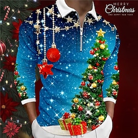 Christmas Tree Men's Casual Print 3D Zip Polo Golf Polo Outdoor Casual Daily Streetwear Polyester Long Sleeve Turndown Zip Polo Shirts Blue