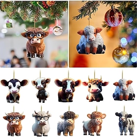 10pcs/set Christmas Tree Ornaments Cow Hanging Decorations Cute Cow Christmas Ornament 2026 New 2D Acrylic Crafts Hanging Ornament New Year Festive Party Suppl