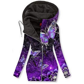 Women's Zip Up Hoodie Sweatshirt Butterfly Active Sportswear Print Drawstring Zip Up Black White Yellow Casual Sports Hoodie Long Sleeve Top Micro-elastic Fall