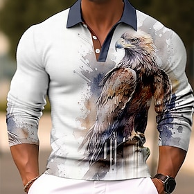 Men's Polo Shirt Golf Shirt Animal Graphic Prints Eagle Turndown Yellow Red Green Gray Outdoor Street Long Sleeve Print Clothing Apparel Fa