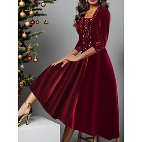 Women's Sequin Dress Velvet Dress Party Dress Sparkly Dress Two Piece Dress Set Wine Red Fashion Modern Patchwork Midi Dress Crew Neck 3/4 Length Sleeve Plain