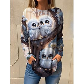 Women's T shirt Tee Animal White Navy Blue Blue Print Long Sleeve Daily Weekend Fashion Round Neck Regular Fit Spring Fall