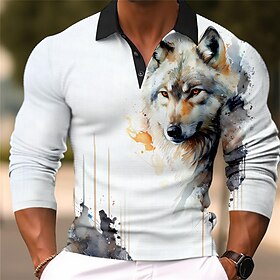 Wolf Tiger Men's Abstract Print 3D Outdoor Casual Daily Streetwear Polyester Long Sleeve Turndown Polo Shirts Yellow Gray Fall  Winter S M