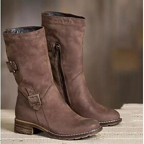 Women's Brown Faux Leather Motorcycle Boots with Buckle Straps and Faux Fur Lining - Mid-Calf Winter Boots with Zipper Closure for Casual and Outdoor Wear