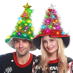 Christmas Hat 2 Pack Light Up Christmas Hats Funny Santa Hat with Tinsel 30 LED Colorful Lights Poms Christmas Costume Accessories for Adults Kids Xmas Tree Ha