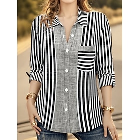 Women's Shirt Blouse Striped Black Yellow Pink Print Button Pocket Long Sleeve Casual Daily Basic Shirt Collar Regular Fit Fall Winter