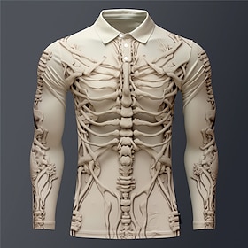 Skeleton Men's Abstract Print 3D Outdoor Casual Daily Streetwear Halloween Polyester Long Sleeve Turndown Polo Shirts Brown Khaki Fall  Win