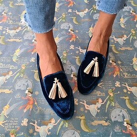 Women's Faux Suede Loafers in Navy Blue with Gold Tassel  Luxurious Formal Slip-On Shoes for Parties and Special Occasions