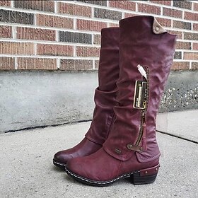 Women's Boots Combat Boots Motorcycle Boots Plus Size Outdoor Daily Solid Color Knee High Boots Winter Buckle Block Heel Chunky Heel Round Toe Vintage Casual M