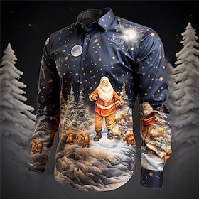 Men's Santa Claus Christmas Tree Shirt Long Sleeve Casual Christmas Daily Wear Going out Fall Winter Turndown Print Button-Down Army Green Red Dark Navy Royal