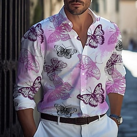 Herren Schmetterling Hemd Langarm Brautkleider schlicht Freizeitskleidung Ausgehen Wochenende Herbst Winter Umlegekragen Bedruckt Button-Down Weiß Blau Purpur