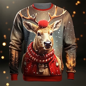 Graphic Elk Men's Fashion 3D Print Pullover Sweatshirt Holiday Vacation Sweatshirts Red Brown Long Sleeve Crew Neck Print Spring   Fall Des