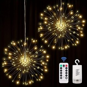 1/2 Pcs Firework Lights 200 LED Copper Wire Starburst Light, 8 Modes Battery Operated Fairy Star Sphere Lights With Remote, Warm White Hanging Ceiling Decorati