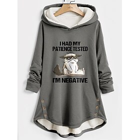 Women's Hoodie Sweatshirt Pullover Sherpa Fleece Lined Cat Letter Warm Funny Fuzzy Button Print Dark Pink Blue Gray Casual Sports Hoodie Long Sleeve Top Micro-