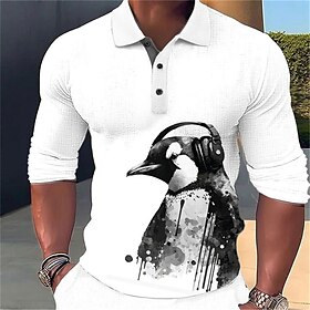 Penguin Men's Casual Print 3D Outdoor Casual Daily Streetwear Polyester Long Sleeve Turndown Polo Shirts White Blue Fall  Winter S M L Micr