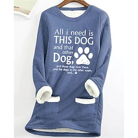 Women's Sweatshirt Fleece Lined Pullover Warm Pajamas Sherpa Letter Casual Sports Pocket Print Warm Fuzzy Round Neck Long Sleeve Top Micro-elastic Fall Winter