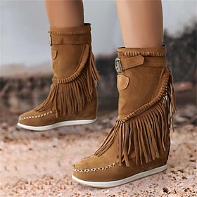 Women's Boots Cowboy Boots Suede Shoes Plus Size Outdoor Daily Solid Color Mid Calf Boots Winter Tassel Wedge Heel Hidden Heel Round Toe Elegant Vintage Bohemi