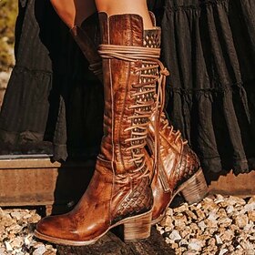 Women's Boots Plus Size Riding Boots Heel Boots Outdoor Daily Solid Color Knee High Boots Winter Lace-up Chunky Heel Round Toe Vintage Casual Minimalism Faux L