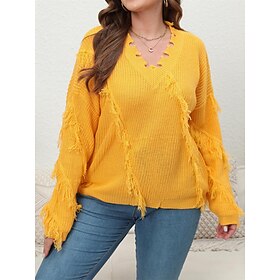 Women's Plus Size Pullover Sweater Jumper V Neck Ribbed Knit Acrylic Tassel Fall Winter Regular Outdoor Daily Holiday Stylish Casual Soft Long Sleeve Solid Col