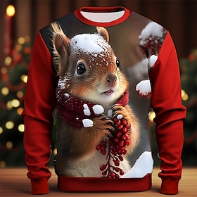 Graphic Squirrel Men's Fashion 3D Print Pullover Sweatshirt Holiday Vacation Sweatshirts Black Red Long Sleeve Crew Neck Print Spring   Fal