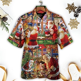Christmas Men's Santa Claus Printed Shirts Santa Claus Casual Outdoor Street Fall Turndown Short Sleeve Red S M L Shirt