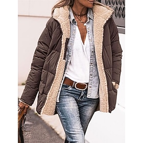 Women's Parka Fleece Puffer Jacket Winter Quilted Coat Zip up Hooded Coat Thermal Warm Heated Coat Fall Brown Maillard Cropped Outerwear Warm Classic Long Slee