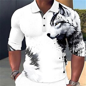 Wolf Men's Abstract Print 3D Outdoor Casual Daily Streetwear Polyester Long Sleeve Turndown Polo Shirts White Yellow Fall  Winter S M L Mic