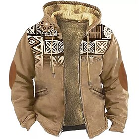 Geometric Pattern Hoodie Mens Graphic Tribal Prints Daily Ethnic Casual 3D Jacket Fleece Outerwear Holiday Vacation Going Hoodies Navy Blue Brown Winter Grey C