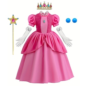 Prinzessin Peach Kleid Handschuhe Krone Musterkleid Cosplay-Kostüm for Mädchen Kinder Halloween Kindertag Maskerade