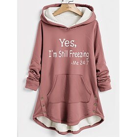 Women's Hoodie Sweatshirt Pullover Sherpa Fleece Lined Letter Warm Funny Fuzzy Button Front Pocket Print Pink Blue Gray Casual Sports Hoodie Long Sleeve Top Mi