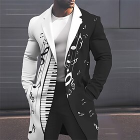 Music Note Coat Mens Graphic Jacket Notes Fashion 3D Shirt For Business  White Winter Wool Musical Streetwear Work To Going Out Fall  Turndown Long Sleeve Blac