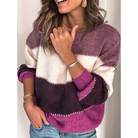 Women's Pullover Sweater Jumper Crew Neck Ribbed Knit Polyester Patchwork Fall Winter Regular Outdoor Daily Going out Stylish Casual Soft Long Sleeve Color Blo