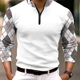 Plaid Men's Business Print 3D Zip Polo Outdoor Casual Daily Streetwear Polyester Long Sleeve Zip Polo Shirts Black White Fall  Winter S M L