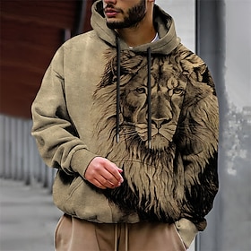 Graphic Lion Men's Fashion 3D Print Hoodie Sports Outdoor Holiday Vacation Hoodies Brown Green Long Sleeve Hooded Print Front Pocket Spring