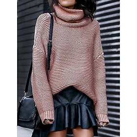 Women's Pullover Sweater Jumper Turtleneck Waffle Knit Polyester Split Fall Winter Regular Outdoor Daily Going out Stylish Casual Soft Long Sleeve Solid Color