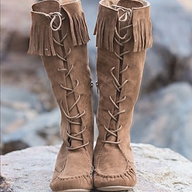 Women's Boots Suede Shoes Plus Size Outdoor Daily Solid Color Mid Calf Boots Winter Tassel Flat Heel Round Toe Vintage Casual Minimalism Faux Leather PU Zipper