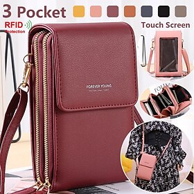 Women RFID Double-layer Waterproof Transparent Touch Screen Phone Wallet Travel Casual Leather Small Shoulder Bag Crossbody Purses Clutch Bag Handbags