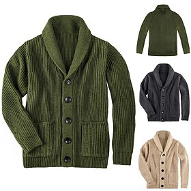 Men's Christmas Sweaters Cardigan Sweater Cropped Sweater Ribbed Chunky Knit Cropped Knitted Plain Shawl Collar Warm Ups Modern Contemporary Xmas Casual Clothi