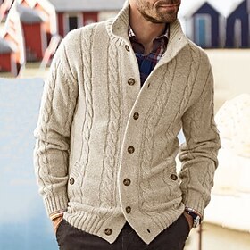 Men's Sweater Cardigan Sweater Cropped Sweater Cable Chunky Knit Regular Knitted Button Up Plain Standing Collar Warm Ups Modern Contemporary Daily Wear Going