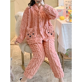 Women's Fleece Fluffy Fuzzy Warm Pajamas Sets Animal Warm Casual Comfort Home Bed Flannel Warm Breathable V Wire Long Sleeve Shirt Pant Button Pocket Fall Wint