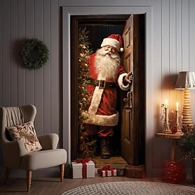 Christmas Door Decorations Santa Opening Door Covers Door Tapestry Door Curtain Decoration Xmas Backdrop Door Banner for Front Door Holiday Party Decor Supplie