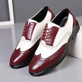 Men's White and Burgundy Wingtip Oxford Brogue Shoes, Gatsby-Inspired Glossy Leather Spectator Dress Shoes for 1920s Jazz Party, Vintage Wedding, and Themed Fo