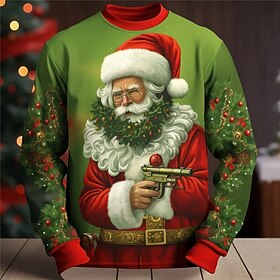 Graphic Santa Claus Men's Fashion 3D Print Pullover Sweatshirt  Vacation Going out Sweatshirts Light Green Dark Green Long Sleeve Crew Neck Print Spring   Fall
